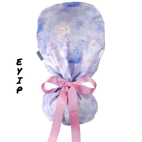 Ponytail Scrub Cap for Women by EYIP, Paint Splatter Surgical Cap, Pink Ribbon & Clear Buttons