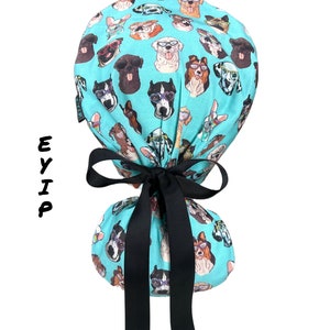 Ponytail Scrub Cap for Women by EYIP, Dogs in Sunglasses Surgical Cap, Black Ribbon & Clear Buttons