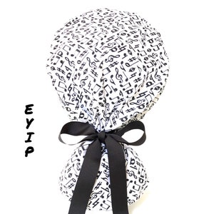 Ponytail Scrub Cap: Music Notes, Black Ribbons, Cotton Scrub Hat