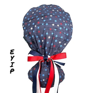 Ponytail Scrub Cap for Women by EYIP, Mini Stars Surgical Cap, Triple Ribbon & Clear Buttons