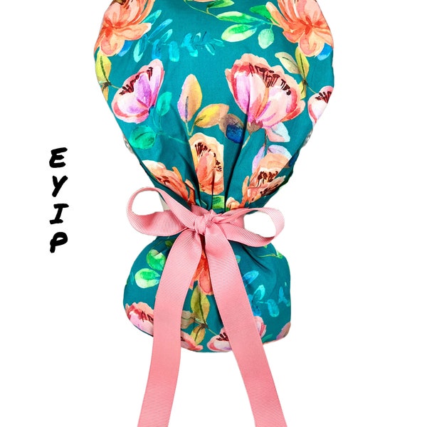 EYIP Scrub Cap, Large Painted Flowers on Green Ponytail Scrub Caps for Women, Surgical Caps, Scrub Hats, Pink Ribbon & Clear Buttons