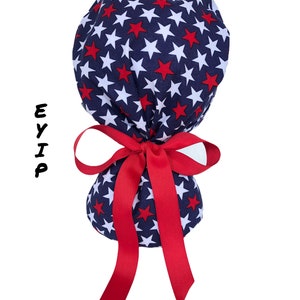 Ponytail Scrub Cap for Women by EYIP, Patriotic Stars Surgical Cap, Red Ribbon