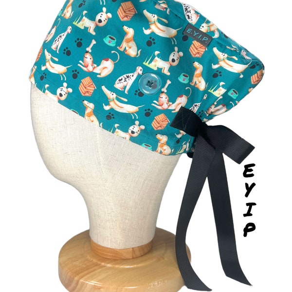 Euro Scrub Cap for Women by EYIP, Dogs Surgical Cap, Black Ribbon & Clear Buttons