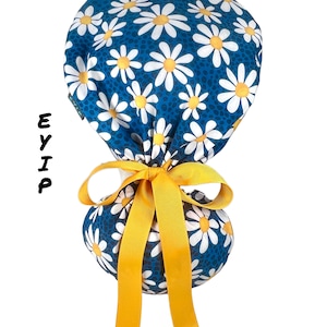 Daisy Ponytail Scrub Cap: EYIP Navy Blue Surgical Hat with Buttons