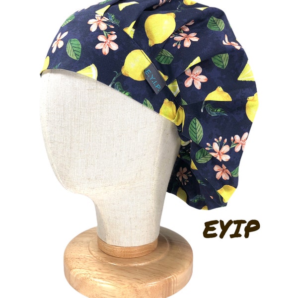 Bouffant Scrub Cap for women with long or short hair by EYIP, Lemons and Flowers Surgical Cap