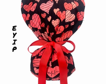 Ponytail Scrub Cap for Women by EYIP, Hearts Surgical Cap, Red Ribbon & Clear Buttons