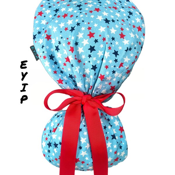 Ponytail  Scrub Cap, Patriotic Small Stars on Blue Ponytail Scrub Cap for Women, Surgical Caps, Surgical Cap, Red Ribbon & Clear Buttons