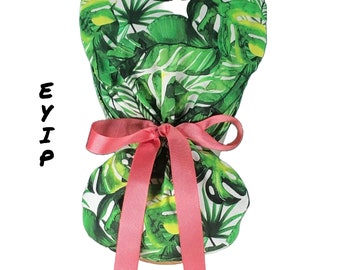 Ponytail Scrub Cap for Women by EYIP,  Tropical Leaves Surgical Cap, Salmon Ribbon