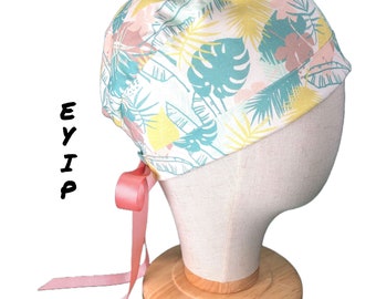 Scrub Cap for Women with Short Hair by EYIP, Pastel Leaves Tie-Back Surgical Pixie Style Cap