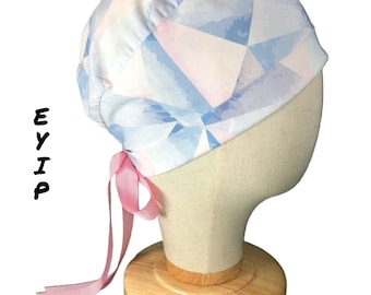 Scrub Cap for Women with Short Hair by EYIP, Pastel Geometric Tie-Back Surgical Pixie Style Cap