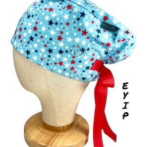 Euro Scrub Cap: Patriotic Stars, High Bun Friendly, Mask Buttons
