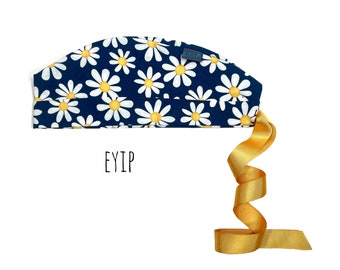 Scrub Cap for Women with Short Hair by EYIP, Daisies Flowers Tie-Back Surgical Pixie Style Cap