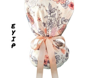Ponytail Scrub Cap for Women by EYIP, Drawn Flowers Surgical Cap, Pink Ribbon & Clear Buttons