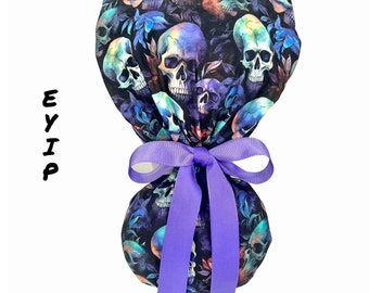 EYIP Scrub Cap, Multicolor Skulls on Black Ponytail Scrub Hat, Ponytail Scrub Caps for Women, Surgical Caps, Purple Ribbons & Clear Buttons