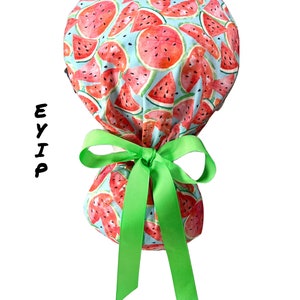 Ponytail Scrub Cap for Women by EYIP, Watermelons Surgical Cap, Green Ribbon & Clear Buttons