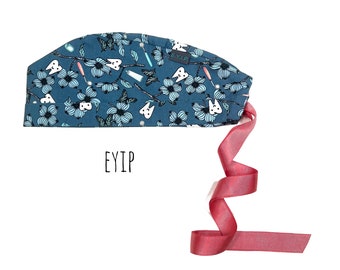 Pixie scrub cap for women with short hair by EYIP. Teeth tie-back scrub cap. Tie-back surgical Cap.