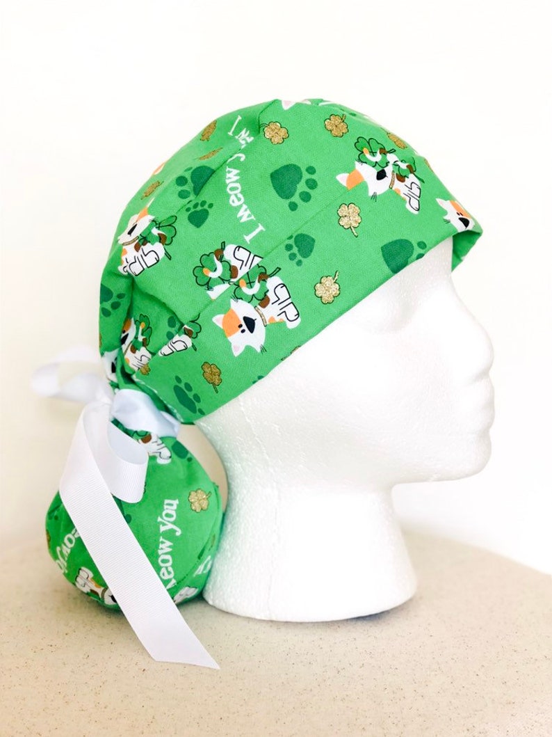 Gold with White Ribbon Green Ponytail Scrub Cap for Women I meow you Scrub Hat Scrub Hats Scrub Cap Pony Tail Surgical Scrub Caps