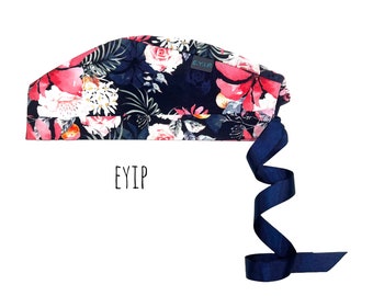 Scrub Cap for Women with Short Hair by EYIP, Hibiscus Flowers Tie-Back Surgical Pixie Style Cap