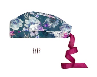 Scrub Cap for Women with Short Hair by EYIP, Flowers on Gray Tie-Back Surgical Pixie Style Cap