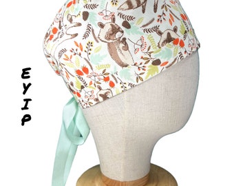 Scrub Cap for Women with SHORT HAIR, Raccoons Tie-Back Surgical Pixie Style Cap