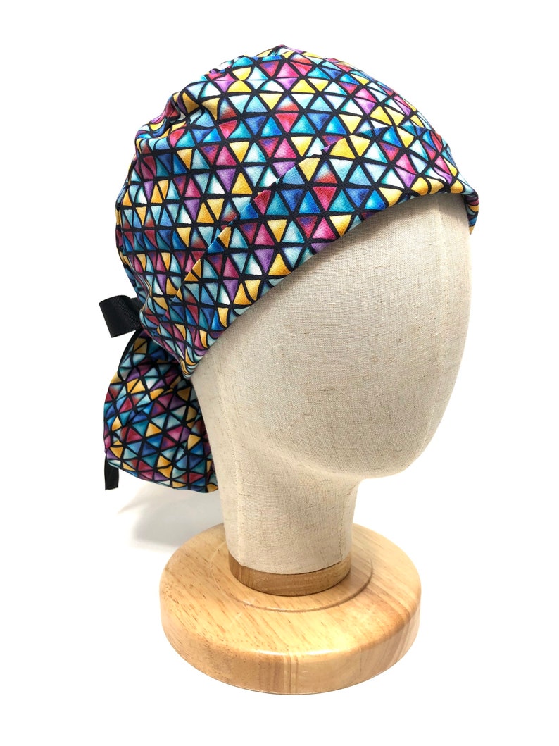 Multicolored Triangles on Black Scrub Hat Black Ribbon Surgical Hats Ponytail Scrub Cap for Women
