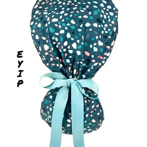 Terrazzo Ponytail Scrub Cap: Teal Surgical Hat with Buttons