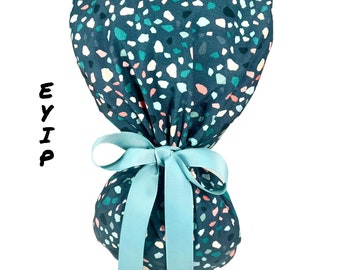 Terrazzo Ponytail Scrub Cap: Teal Surgical Hat with Buttons