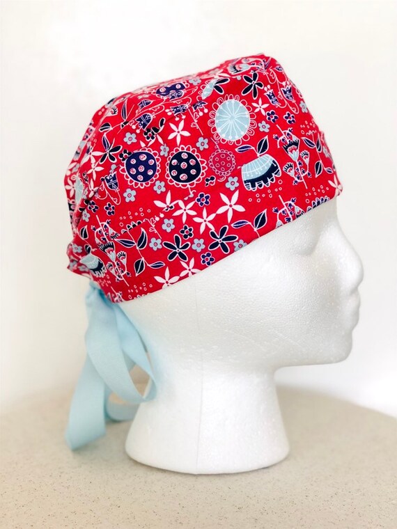 Red And Blue Floral Scrub Hat Short Hair Style Scrub Cap For Etsy