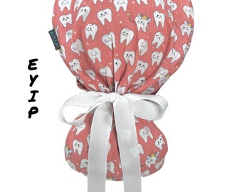 Ponytail Scrub Cap for Women by EYIP, Teeth Surgical Cap, Off White Ribbon & Clear Buttons