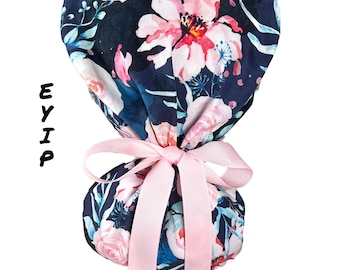 Ponytail Scrub Cap for Women by EYIP, Peonies Surgical Cap, Pink Ribbon & Clear Buttons