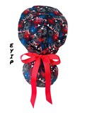 Ponytail scrub cap, patriotic USA, garlands & fireworks on black ponytail scrub hat for women, surgical caps, red ribbons