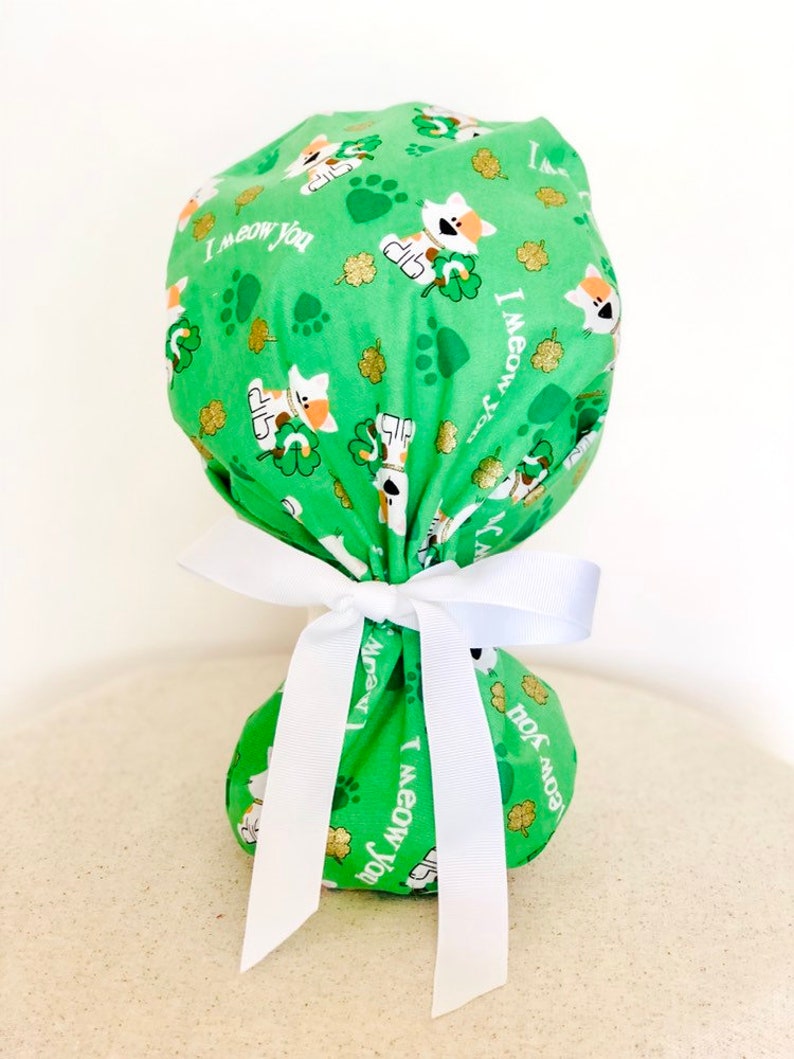 Gold with White Ribbon Green Ponytail Scrub Cap for Women I meow you Scrub Hat Scrub Hats Scrub Cap Pony Tail Surgical Scrub Caps