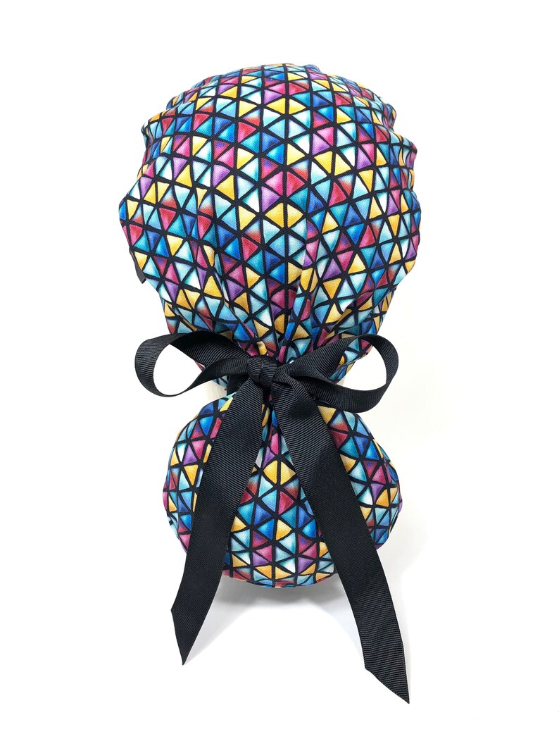 Multicolored Triangles on Black Scrub Hat Black Ribbon Surgical Hats Ponytail Scrub Cap for Women