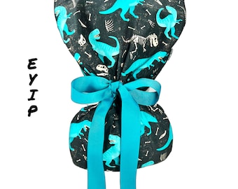 Ponytail Scrub Cap for Women by EYIP, Dinosaurs Surgical Cap, Blue Ribbon & Clear Buttons