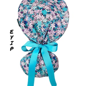 Ponytail Scrub Cap for Women by EYIP,  Packed Flowers Surgical Cap, Blue Ribbon & Clear Buttons