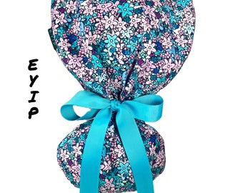 Ponytail Scrub Cap for Women by EYIP,  Packed Flowers Surgical Cap, Blue Ribbon & Clear Buttons