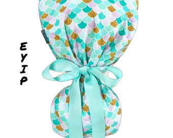 Ponytail Scrub Cap for Women by EYIP,  Mermaid Scales Surgical Cap, Aqua Ribbon & Clear Buttons