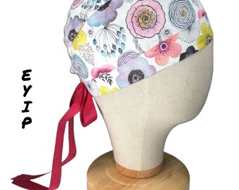 Scrub Cap for Women with Short Hair by EYIP, Modern Flowers Tie-Back Surgical Pixie Style Cap