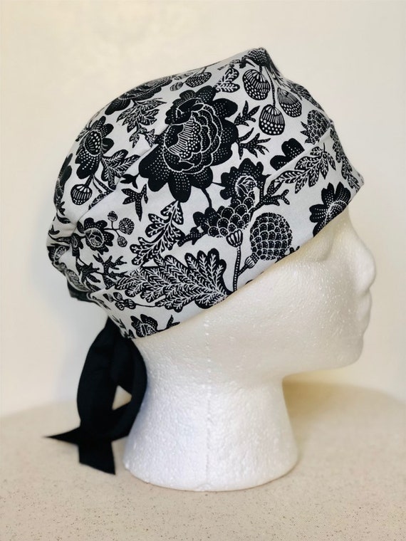 Black And White Floral Scrub Hat Short Hair Style Scrub Cap Etsy