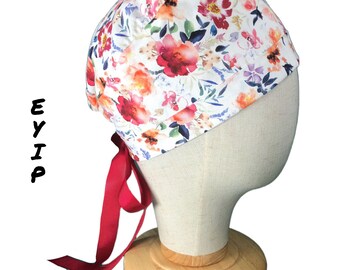 Scrub Cap for Women with Short Hair by EYIP, Watercolor Flowers Tie-Back Surgical Pixie Style Cap