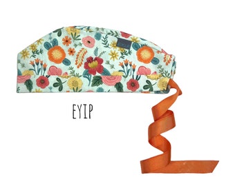 Scrub Cap for Women with Short Hair by EYIP, Flowers on Green Tie-Back Surgical Pixie Style Cap