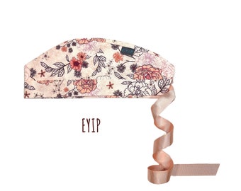 Scrub Cap for Women with Short Hair by EYIP, Drawn Flowers Tie-Back Surgical Pixie Style Cap