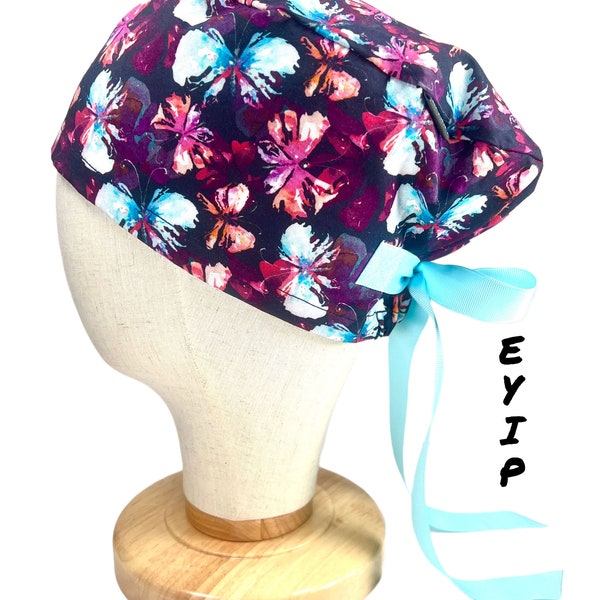 Euro Scrub Cap, Watercolor Butterflies on Black EURO Style Scrub Hat for Women, Surgical Caps, Scrub Hats, Light Blue Ribbon & Clear Buttons