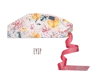 Scrub Cap for Women with Short Hair by EYIP, Flowers and Oranges Tie-Back Surgical Pixie Style Cap