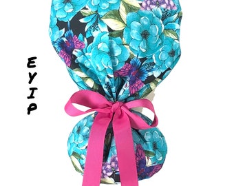 Ponytail Scrub Cap for Women by EYIP, Flowers and Butterflies Surgical Cap, Pink Ribbon