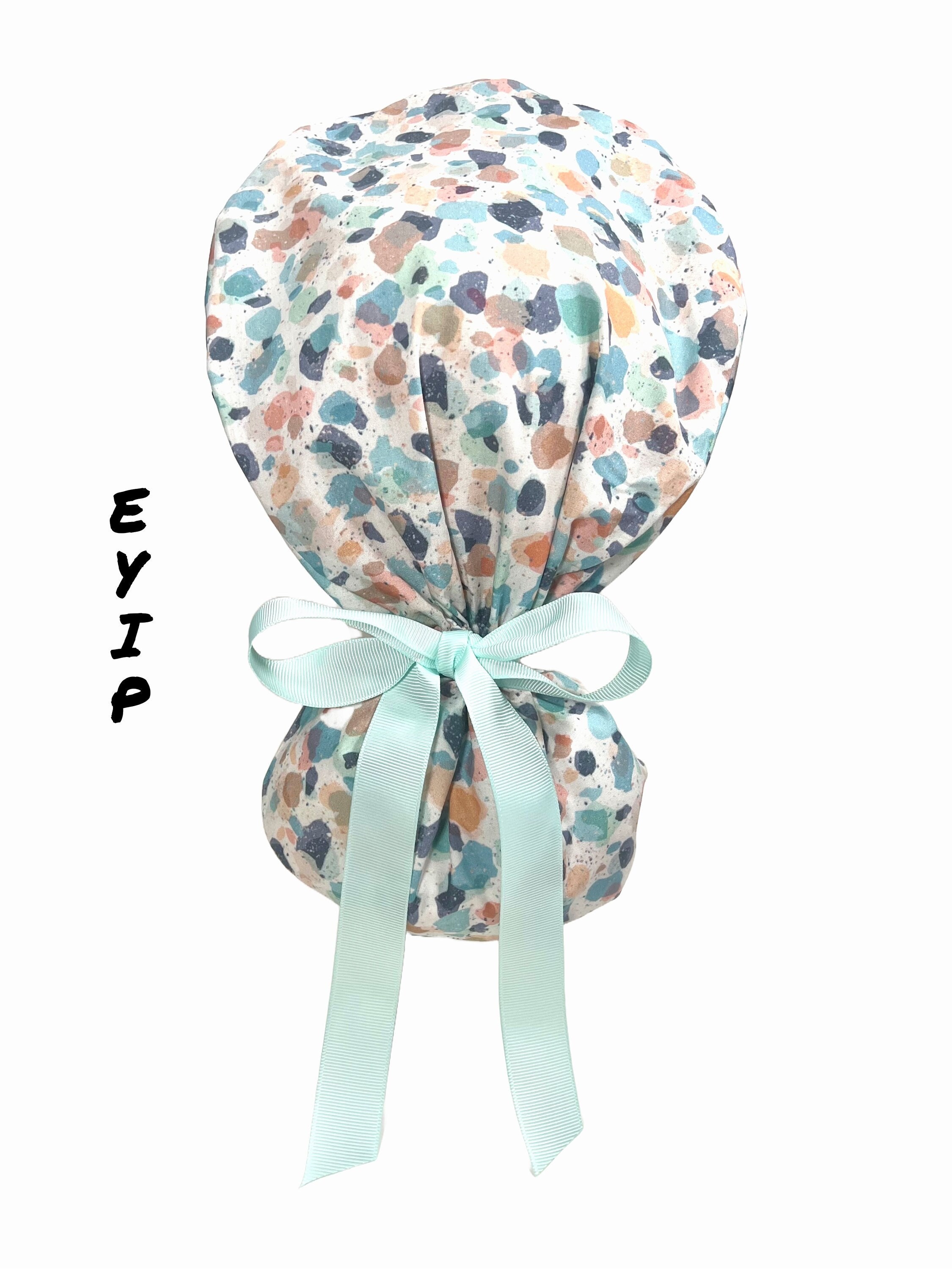 Ponytail scrub cap, terrazzo on white surgical hat, ponytail scrub hat multicolor, EYIP scrub cap, radiology scrub cap