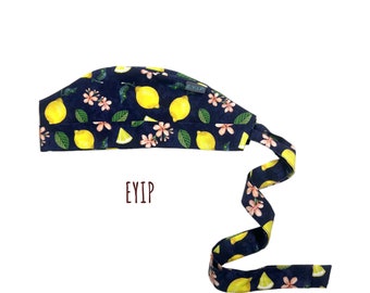 Scrub Cap for Women with Short Hair by EYIP, Lemons and Flowers Tie-Back Surgical Pixie Style Cap