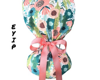 Floral Ponytail Scrub Cap: Modern Flowers, Mask Buttons