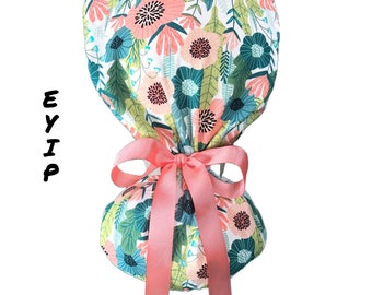 Ponytail Scrub Cap for Women by EYIP,  Modern Flowers Surgical Cap, Salmon Ribbon & Clear Buttons