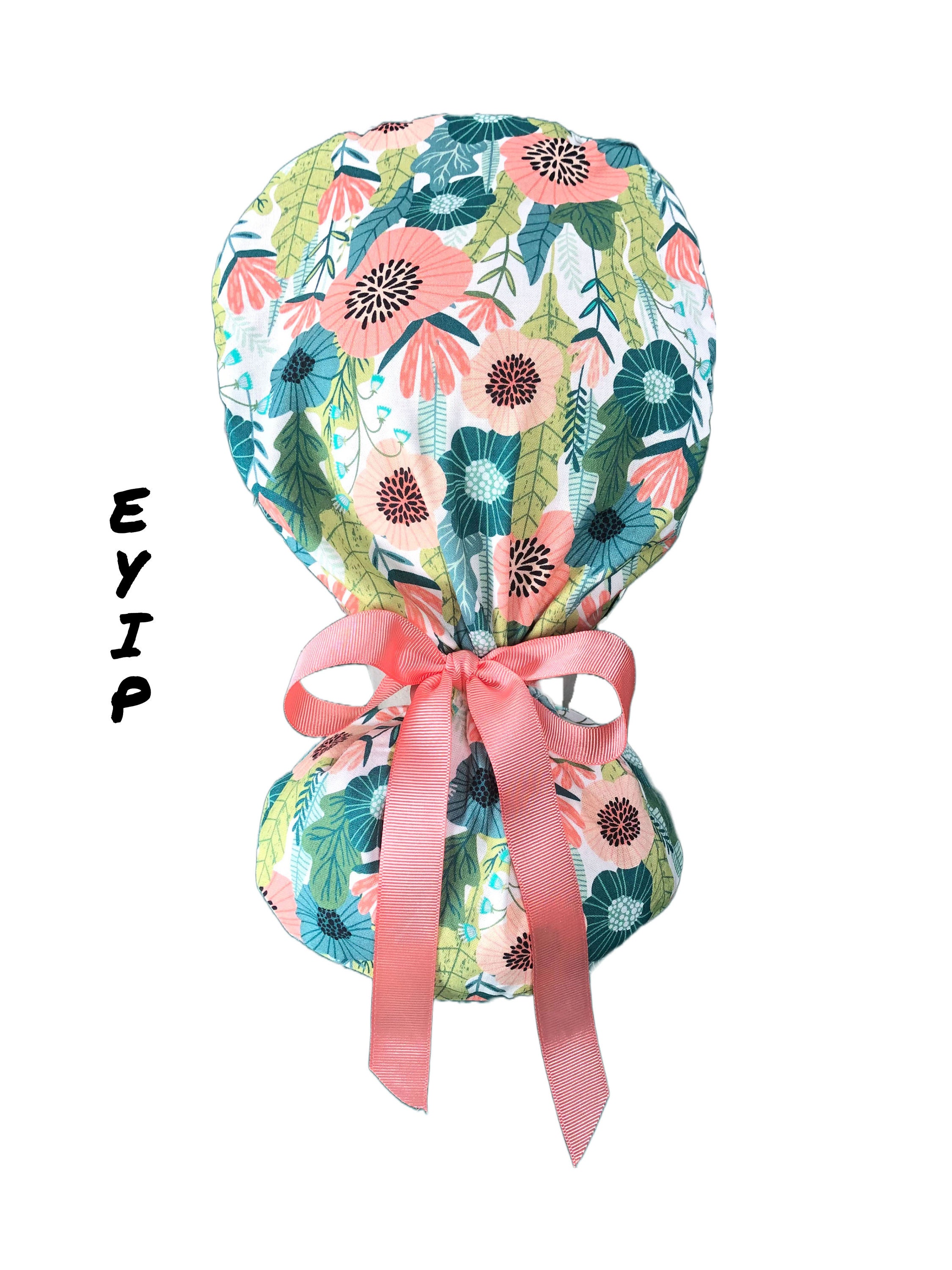 Floral Ponytail Scrub Cap: Modern Flowers, Mask Buttons